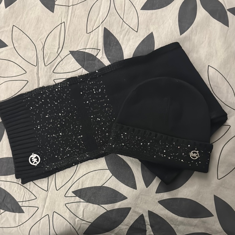 Michael Kors Black Knit Scarf and Beanie Set